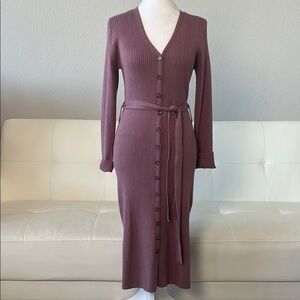 Hippie Rose Long Sleeve Bodycon Button Down Belted Ribbed Sweater Dress in Mauve